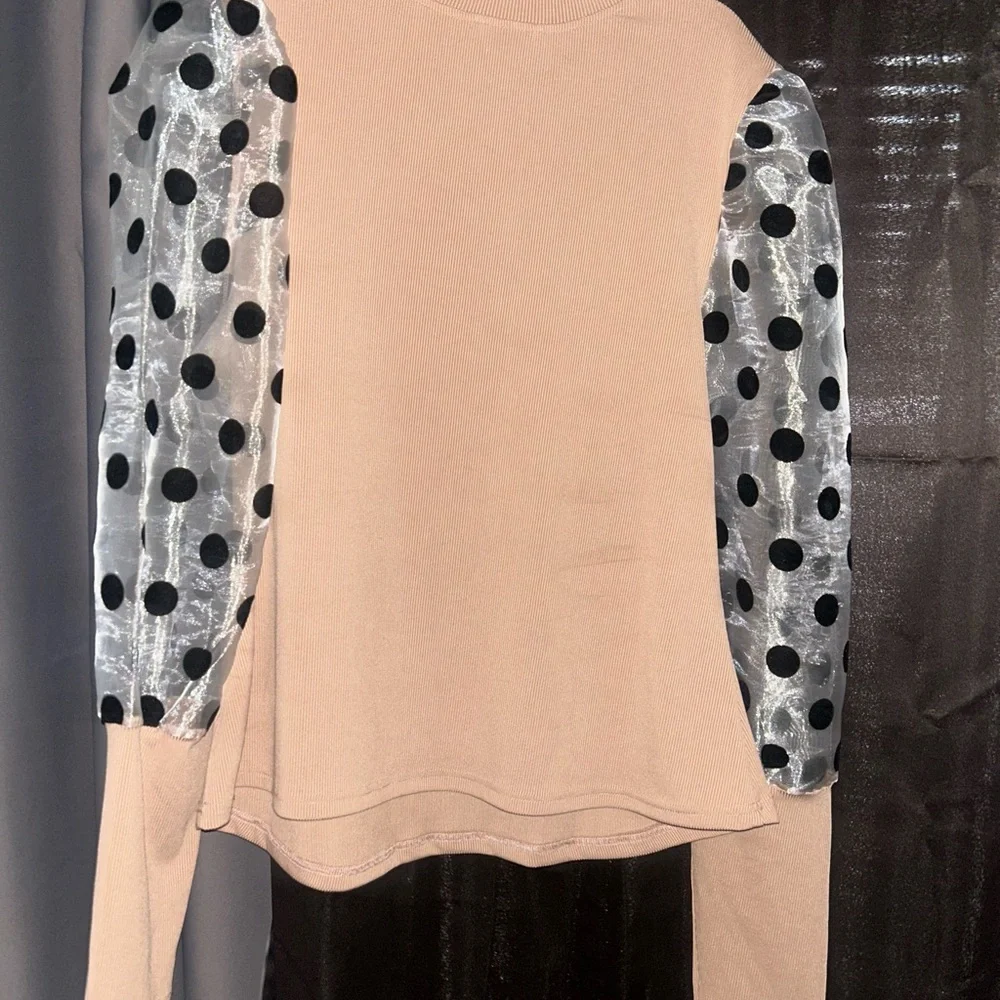 Polka Dot Sleeve Beige Top - Picture 3 of 3